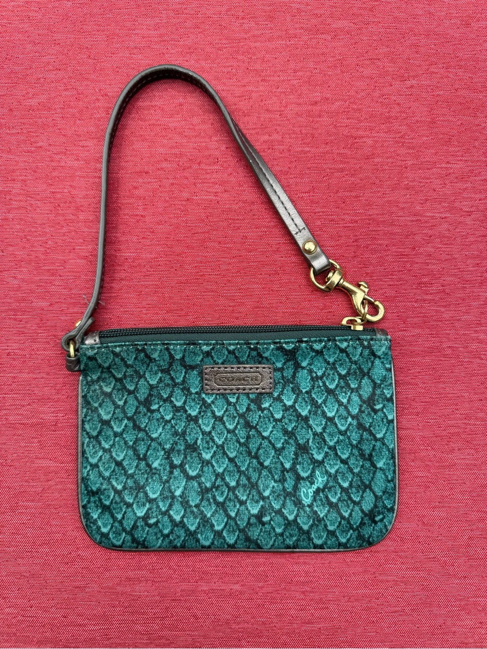 Coach Green Teal Snake Skin Textured Wristlet Pouch EUC